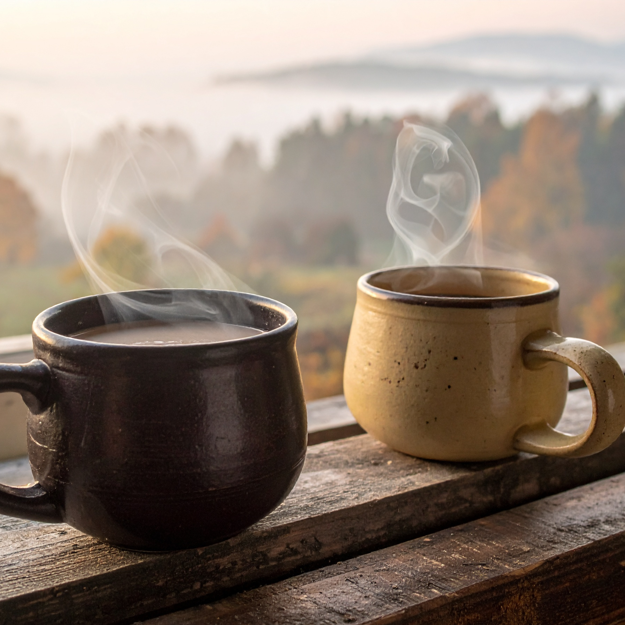 mugs of steaming coffee
