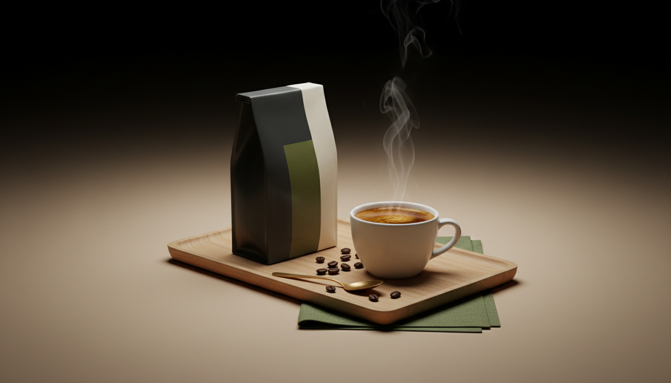 a bag of coffee and coffee cup on cutting board